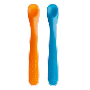Spuni baby spoons in Bouncing Blue & Oops! Orange